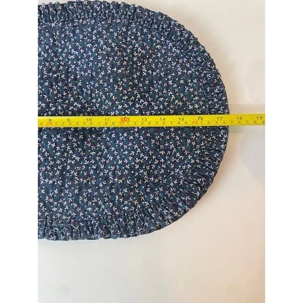 Vintage Navy Blue Calico Floral Quilted Ruffle Oval Placemats Set of 3 Cottage